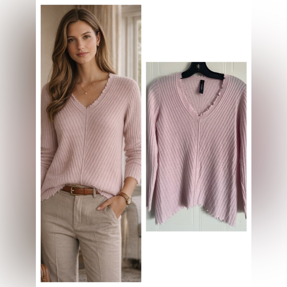 Marc Cain 100% Cashmere Pink Sweater Distressed Raw Hem Classic Soft
